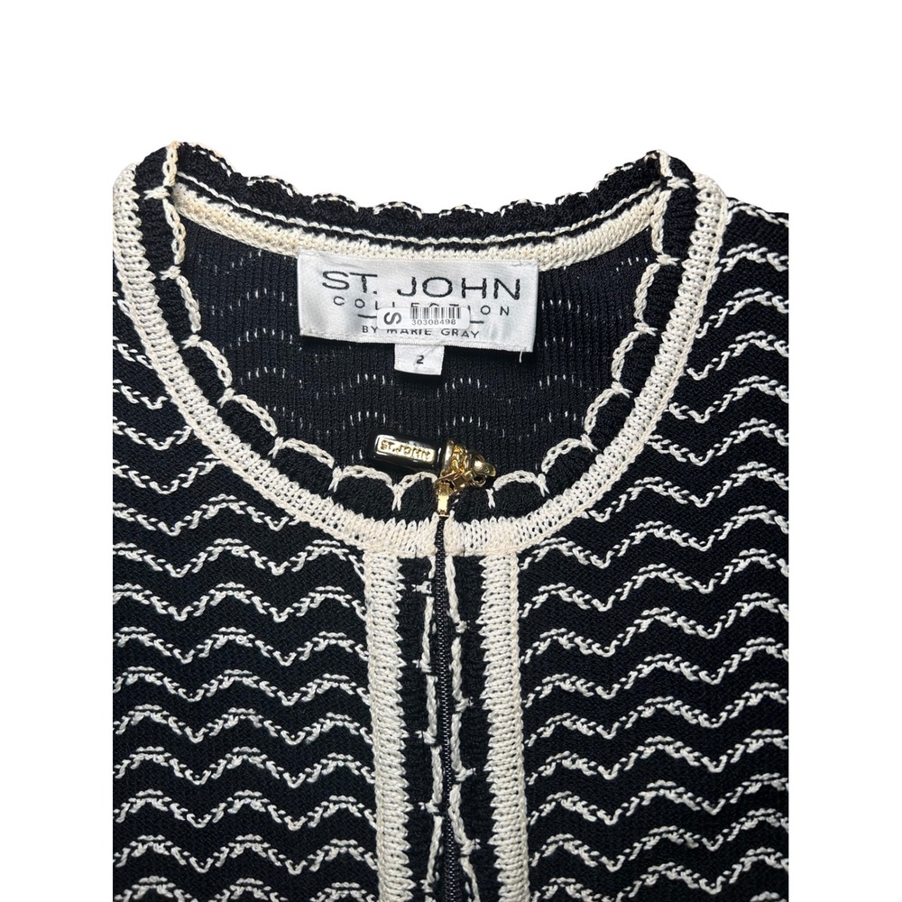 St John Collection Knit Jacket Black White Zigzag Trim Zipper Gold Accent Size 2 - Picture 8 of 9